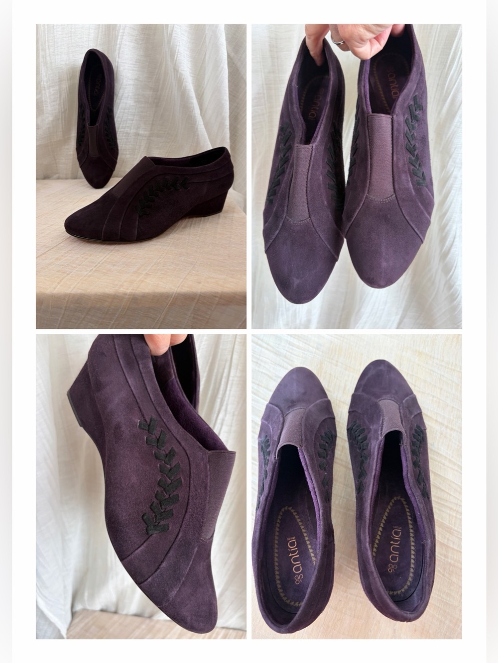 Antia Cheryl Purple Suede Wedge Shoes Slip On Elastic Gore Women's 9 WW Wide
